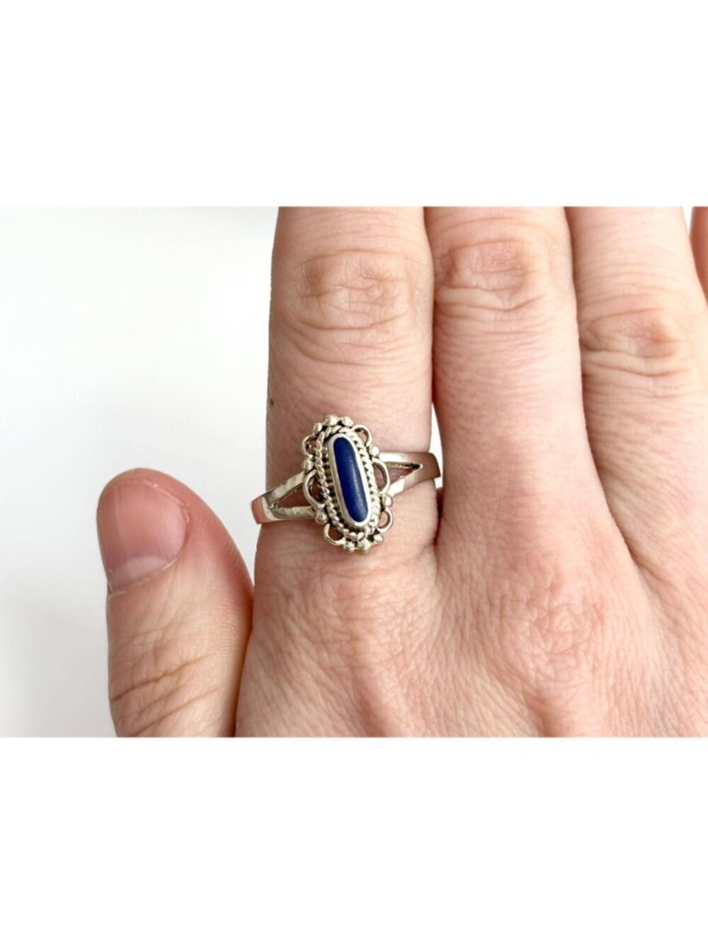 Lapis Lazuli Oval Scalloped Beaded Southwest Sterling Silver 925 Vintage Ring - Picture 14 of 14